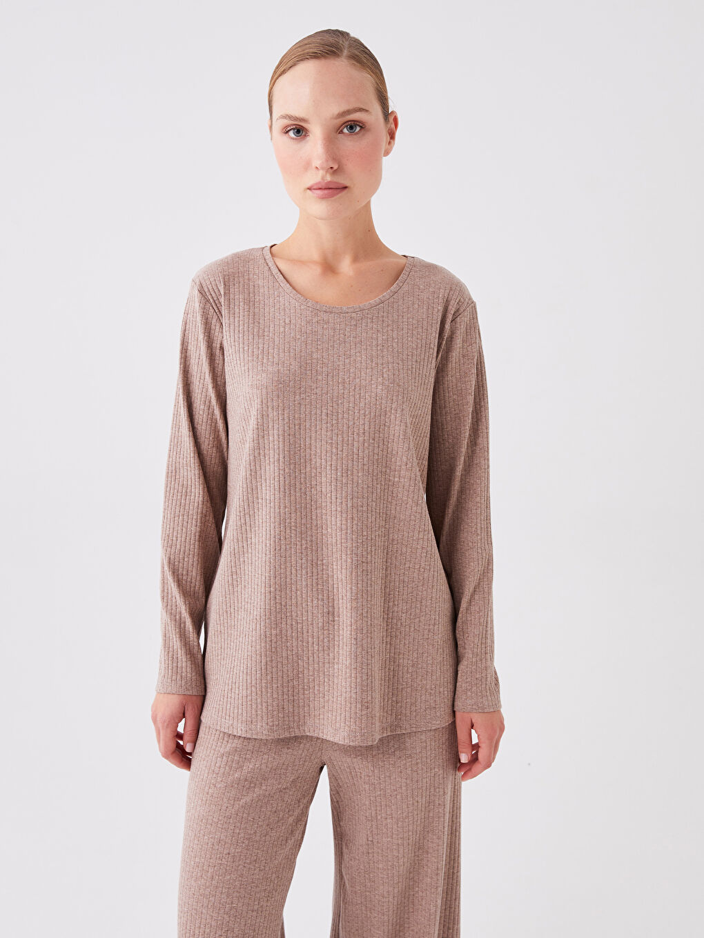 Kahverengi Bisiklet Yaka Düz Uzun Kollu Kadın Tişört