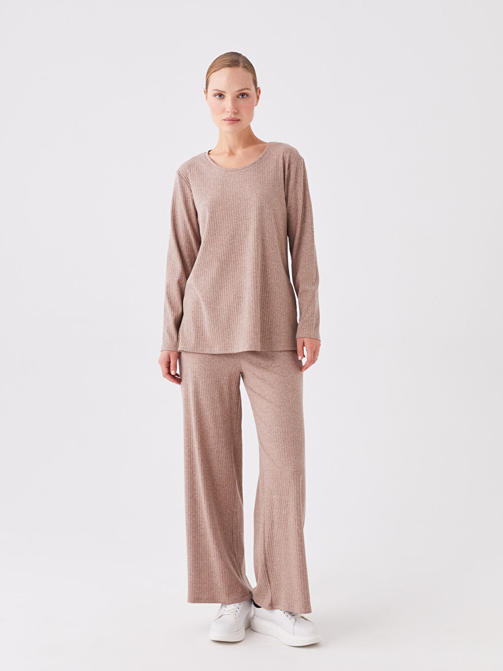 Kahverengi Bisiklet Yaka Düz Uzun Kollu Kadın Tişört-2