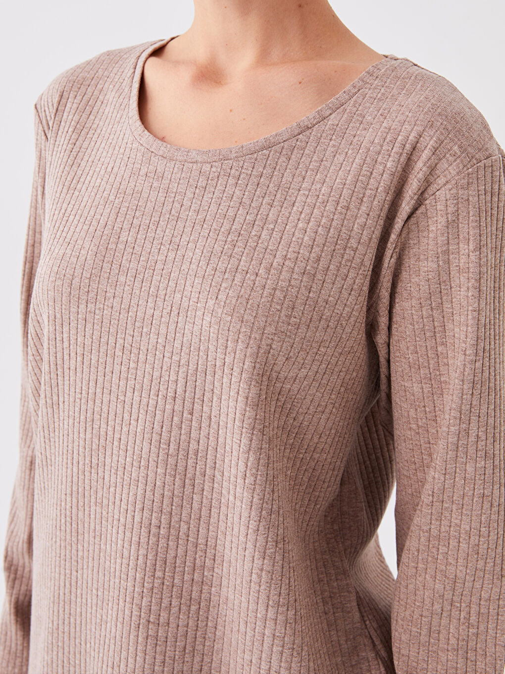 Kahverengi Bisiklet Yaka Düz Uzun Kollu Kadın Tişört-3