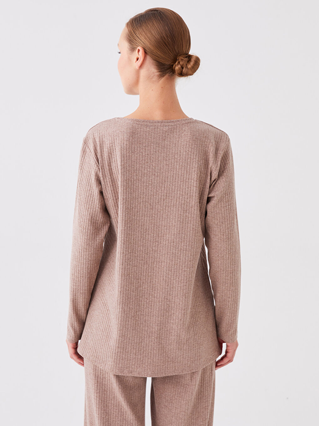 Kahverengi Bisiklet Yaka Düz Uzun Kollu Kadın Tişört-4