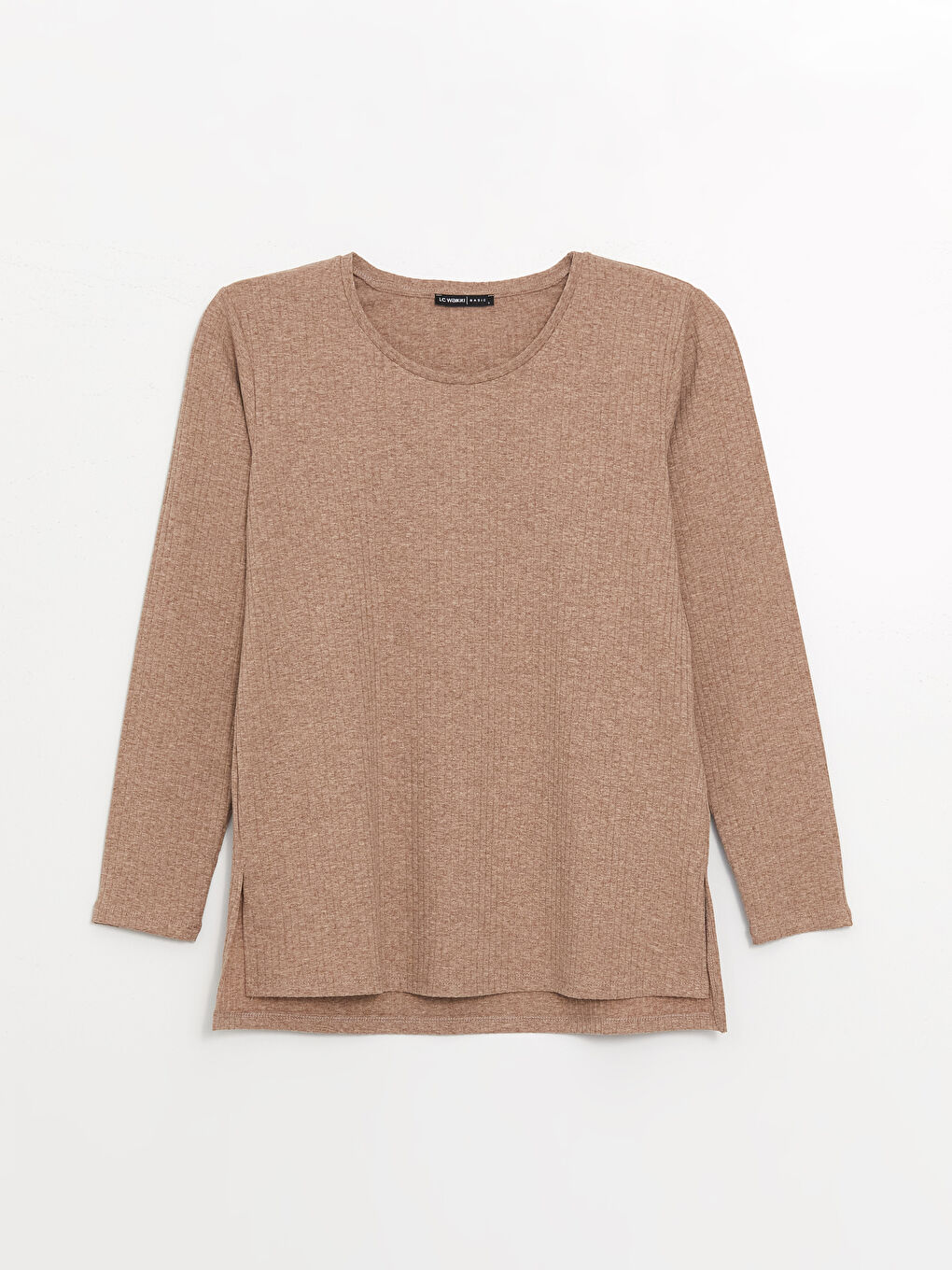 Kahverengi Bisiklet Yaka Düz Uzun Kollu Kadın Tişört-5