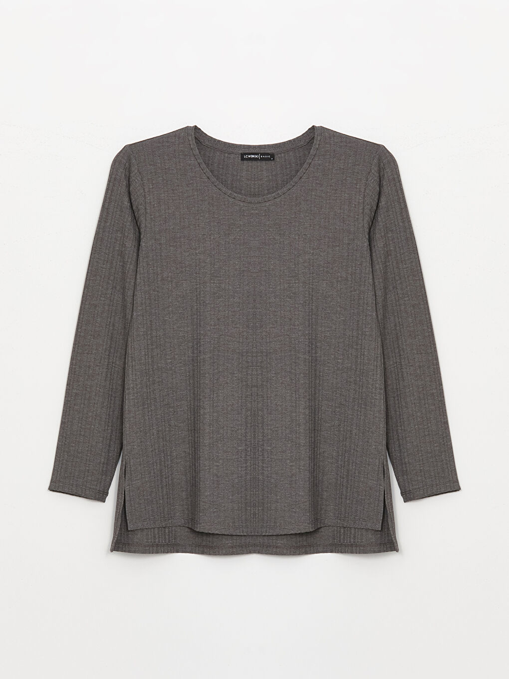 Gri Bisiklet Yaka Düz Uzun Kollu Kadın Tişört-5