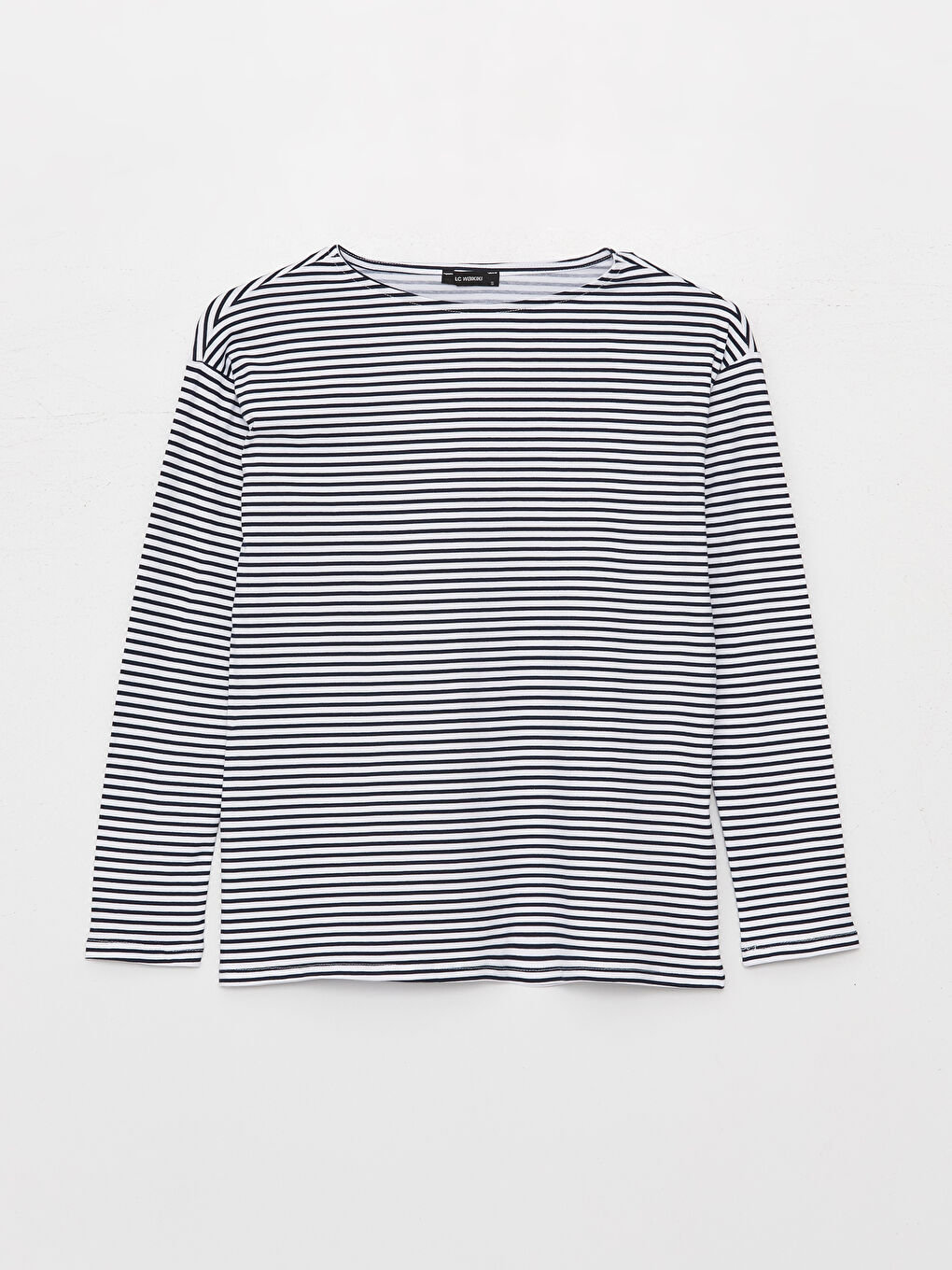 Lacivert Bisiklet Yaka Çizgili Uzun Kollu Kadın Tişört-5