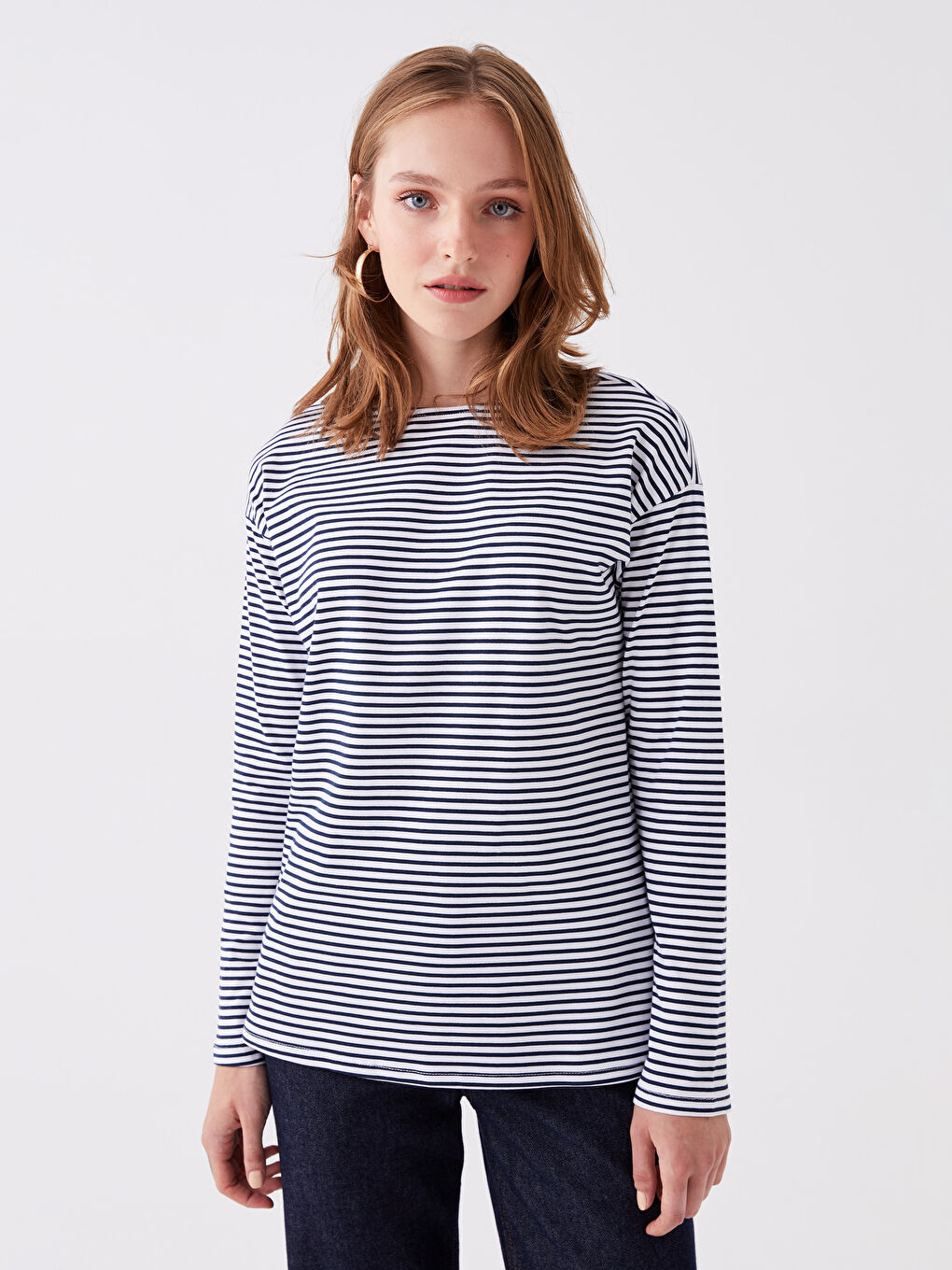 Lacivert Bisiklet Yaka Çizgili Uzun Kollu Kadın Tişört