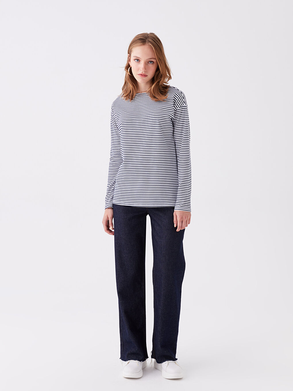 Lacivert Bisiklet Yaka Çizgili Uzun Kollu Kadın Tişört-2