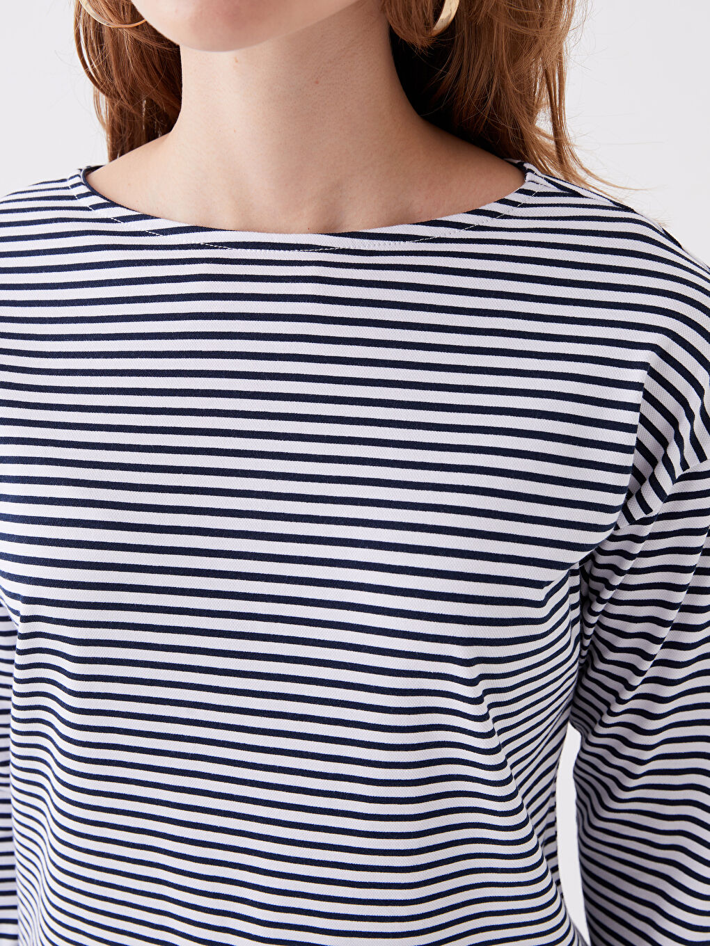 Lacivert Bisiklet Yaka Çizgili Uzun Kollu Kadın Tişört-3
