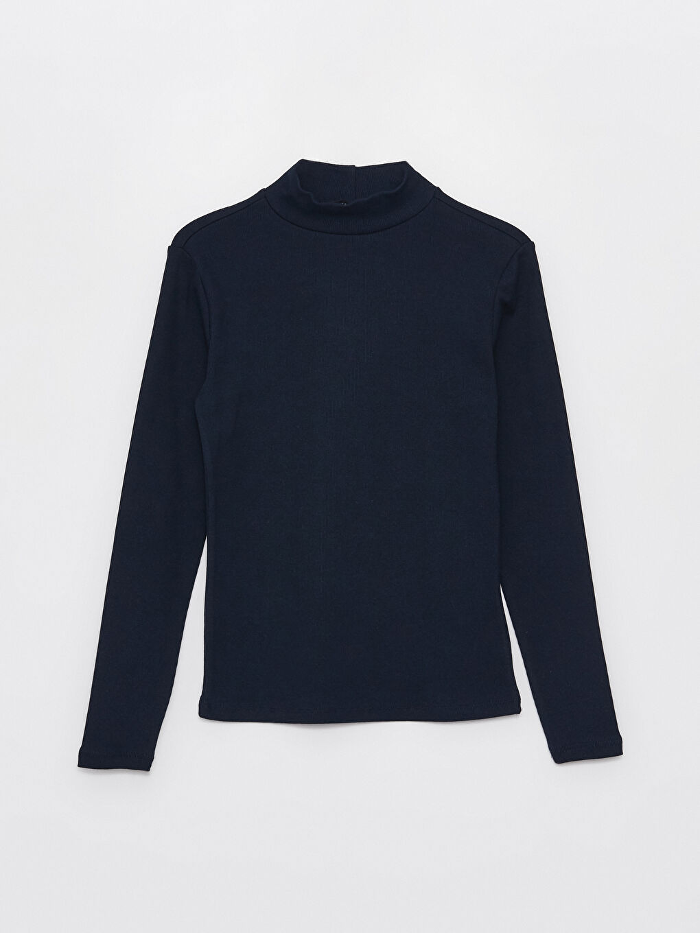 Lacivert Dik Yaka Düz Uzun Kollu Kadın Tişört-5