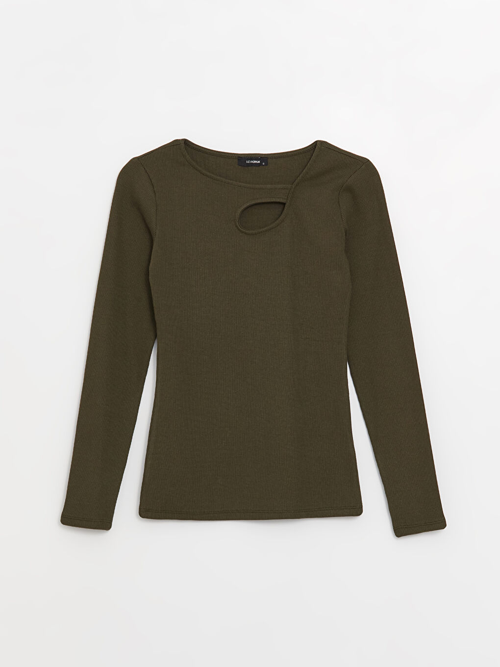 Yeşil Bisiklet Yaka Pencere Detaylı Uzun Kollu Kadın Tişört-5