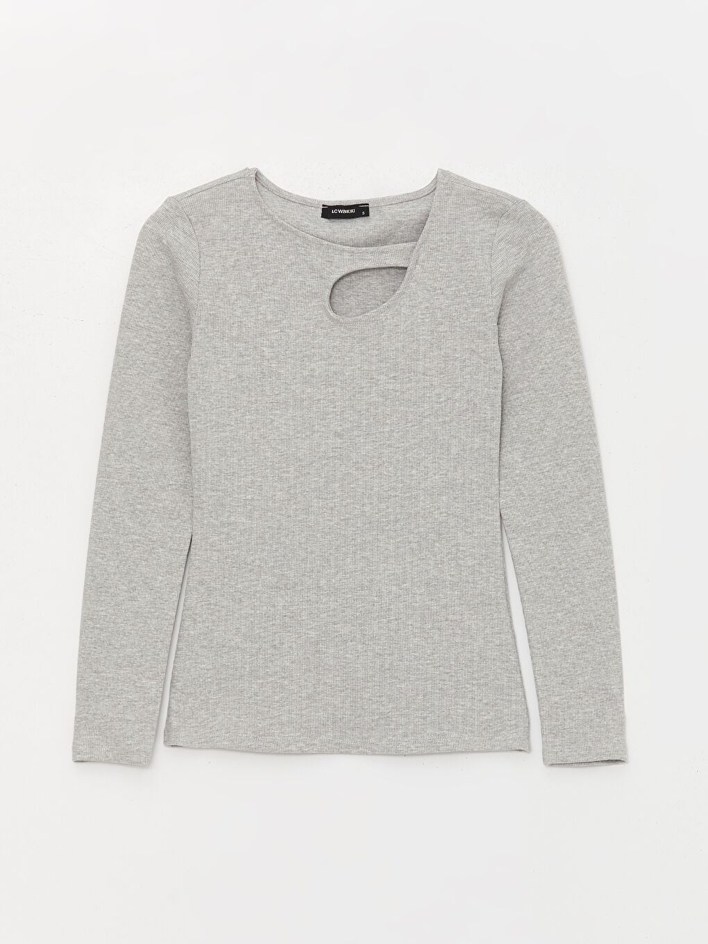 Gri Bisiklet Yaka Pencere Detaylı Uzun Kollu Kadın Tişört-5