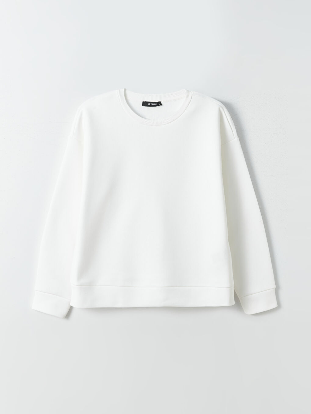 Beyaz Bisiklet Yaka Düz Uzun Kollu Kadın Sweatshirt-9