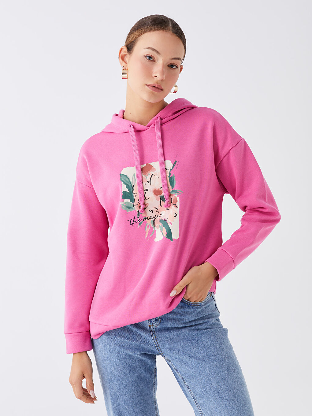 Pembe Baskılı Uzun Kollu Kadın Hoodie-1