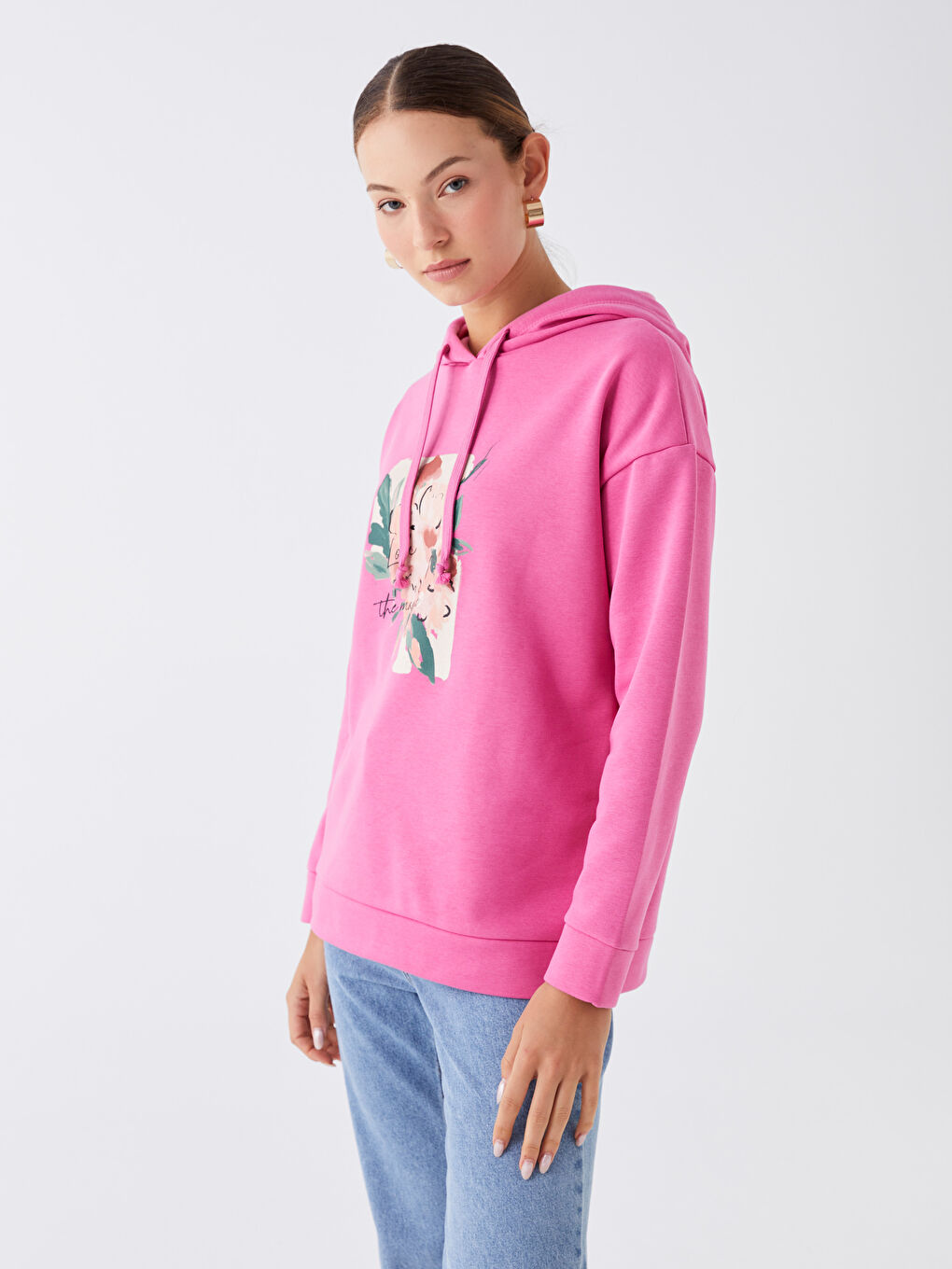 Pembe Baskılı Uzun Kollu Kadın Hoodie-3