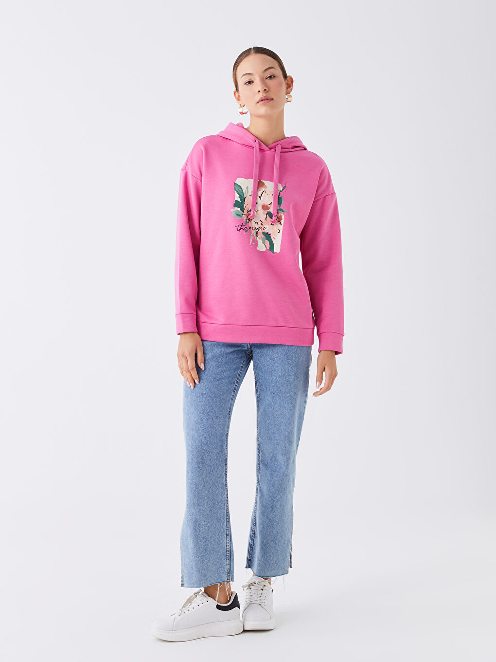 Pembe Baskılı Uzun Kollu Kadın Hoodie-5