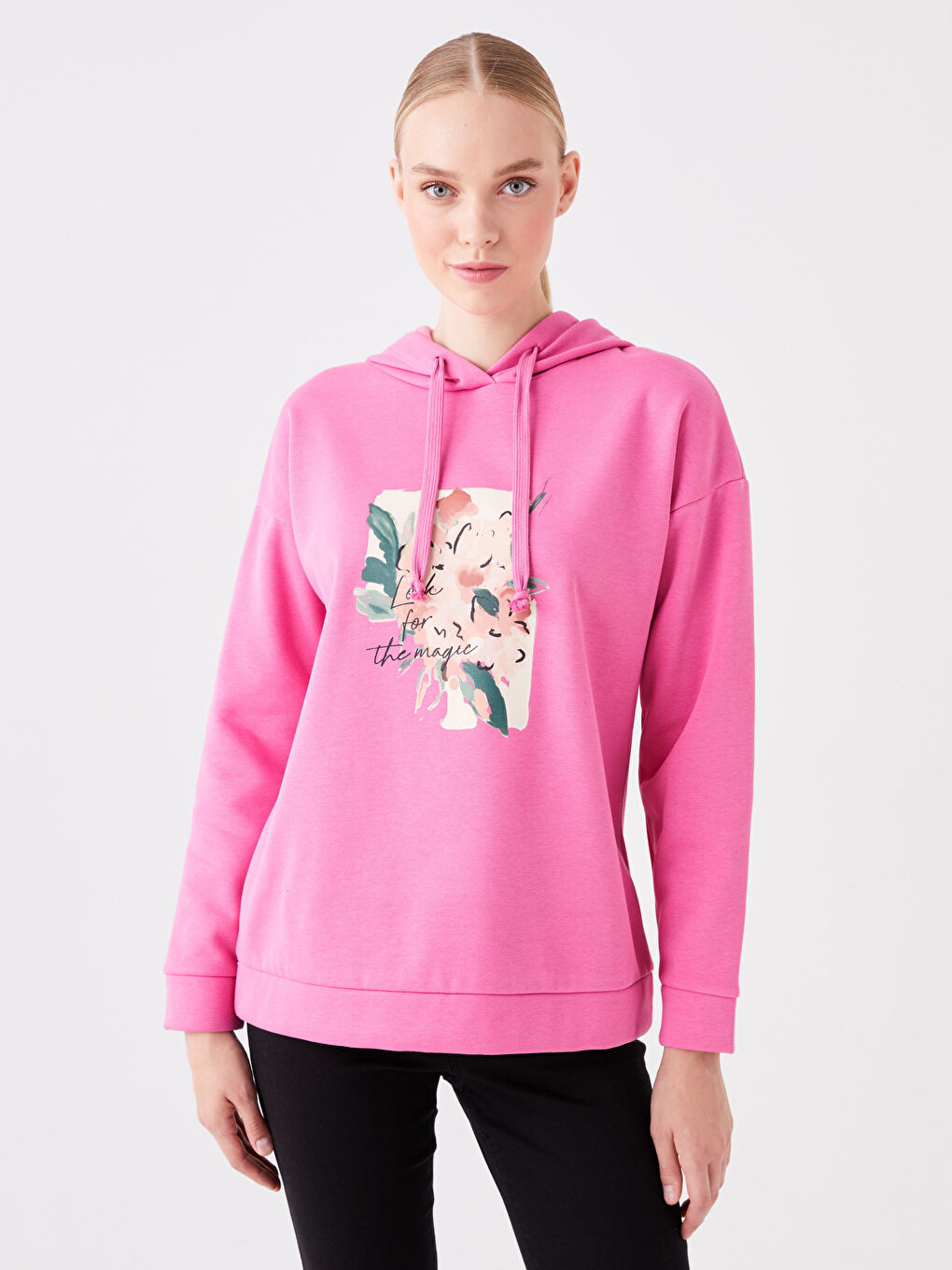 Pembe Baskılı Uzun Kollu Kadın Hoodie