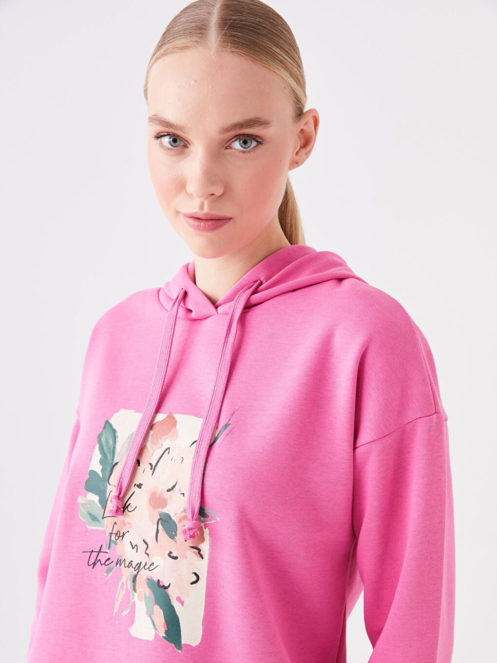 Pembe Baskılı Uzun Kollu Kadın Hoodie-2