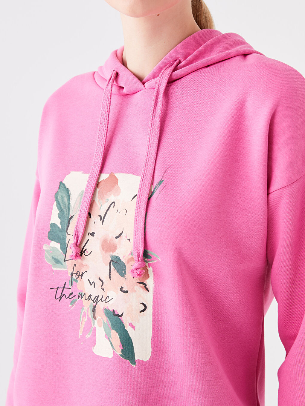 Pembe Baskılı Uzun Kollu Kadın Hoodie-6