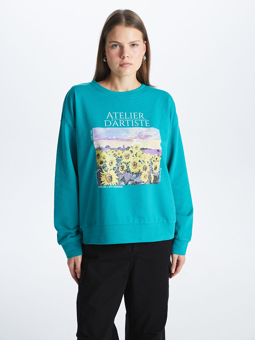 Petrol Bisiklet Yaka Baskılı Uzun Kollu Oversize Kadın Sweatshirt