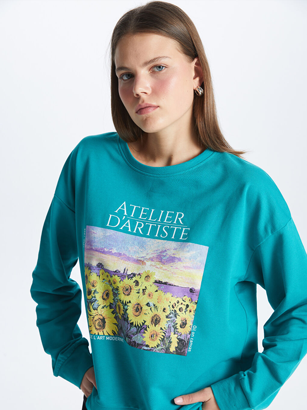 Petrol Bisiklet Yaka Baskılı Uzun Kollu Oversize Kadın Sweatshirt-1