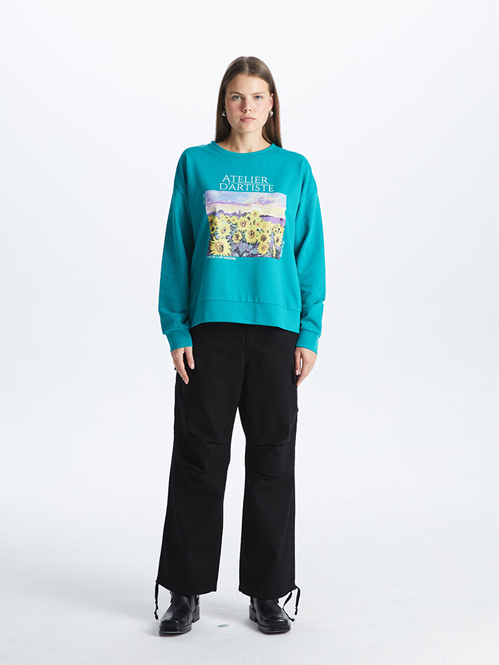 Petrol Bisiklet Yaka Baskılı Uzun Kollu Oversize Kadın Sweatshirt-2