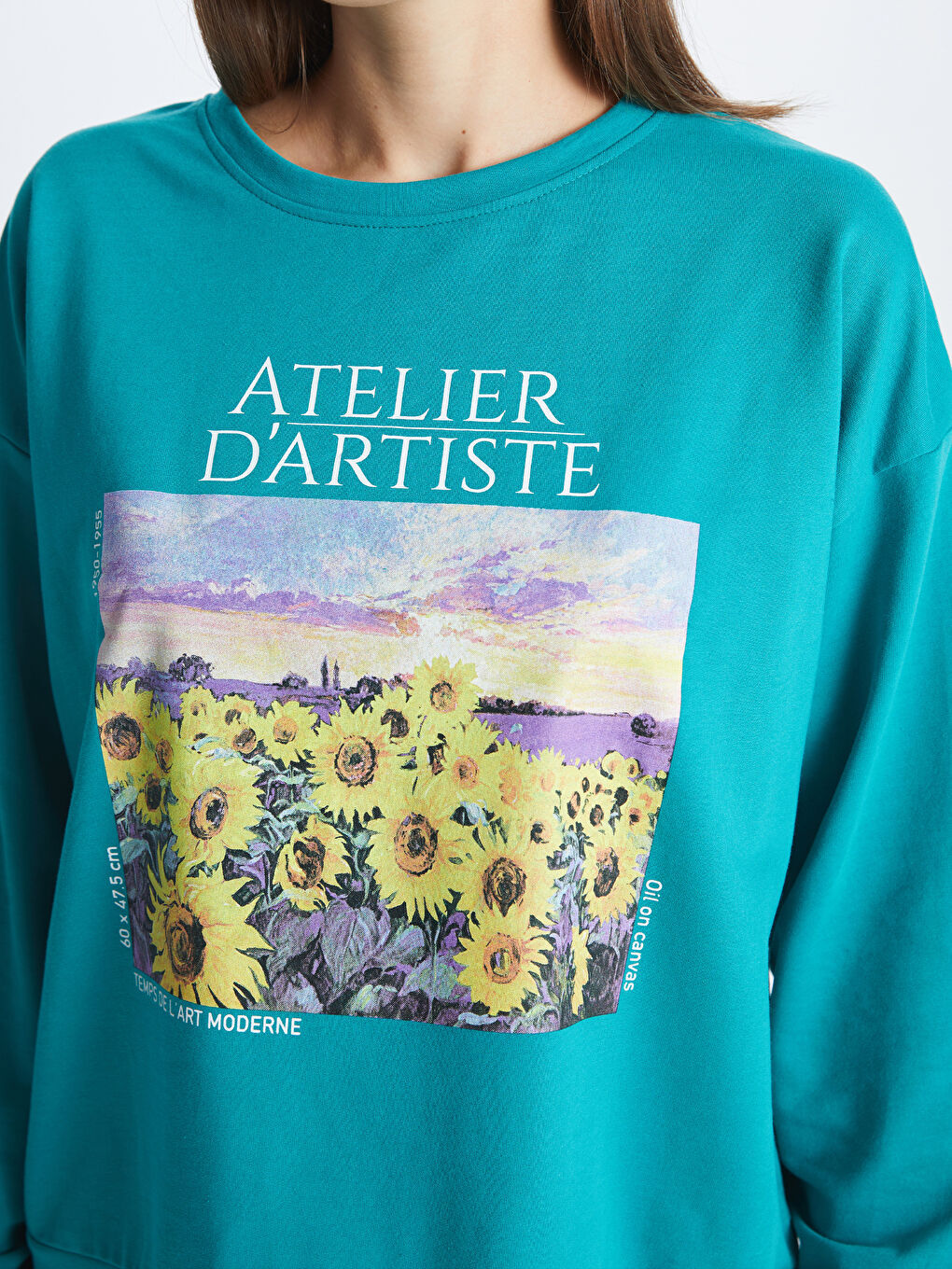 Petrol Bisiklet Yaka Baskılı Uzun Kollu Oversize Kadın Sweatshirt-3