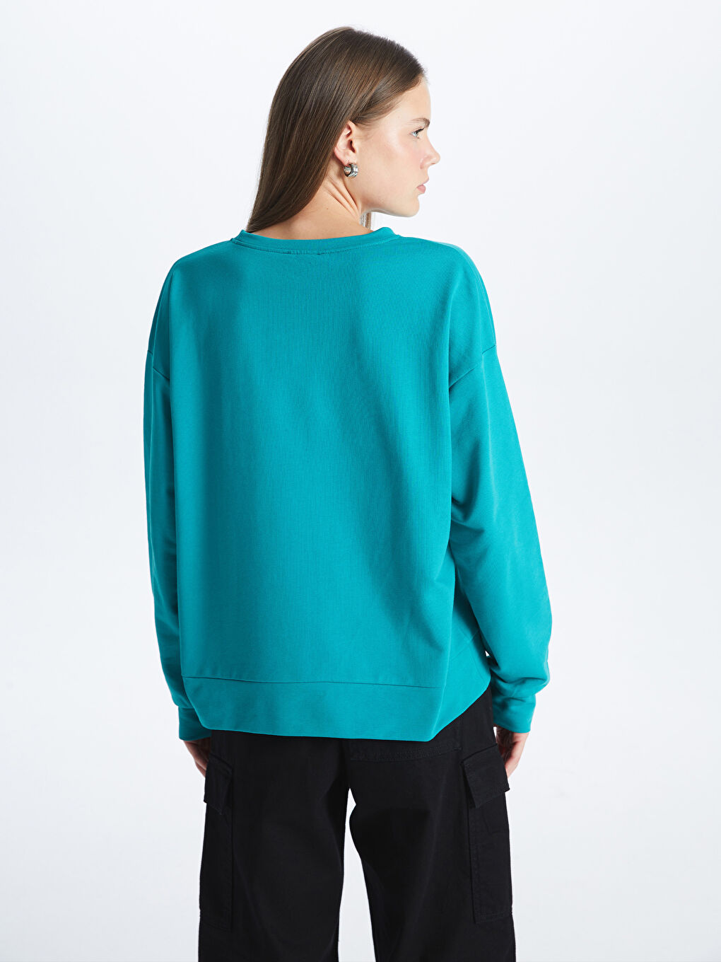 Petrol Bisiklet Yaka Baskılı Uzun Kollu Oversize Kadın Sweatshirt-4