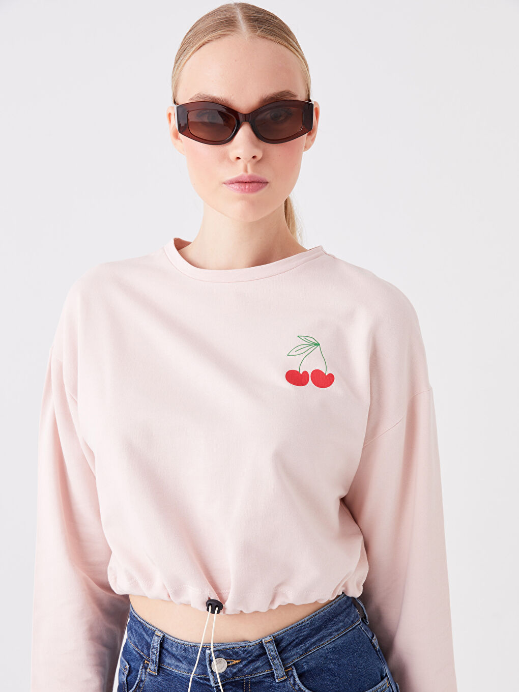 Pembe Bisiklet Yaka Baskılı Uzun Kollu Crop Kadın Sweatshirt-1