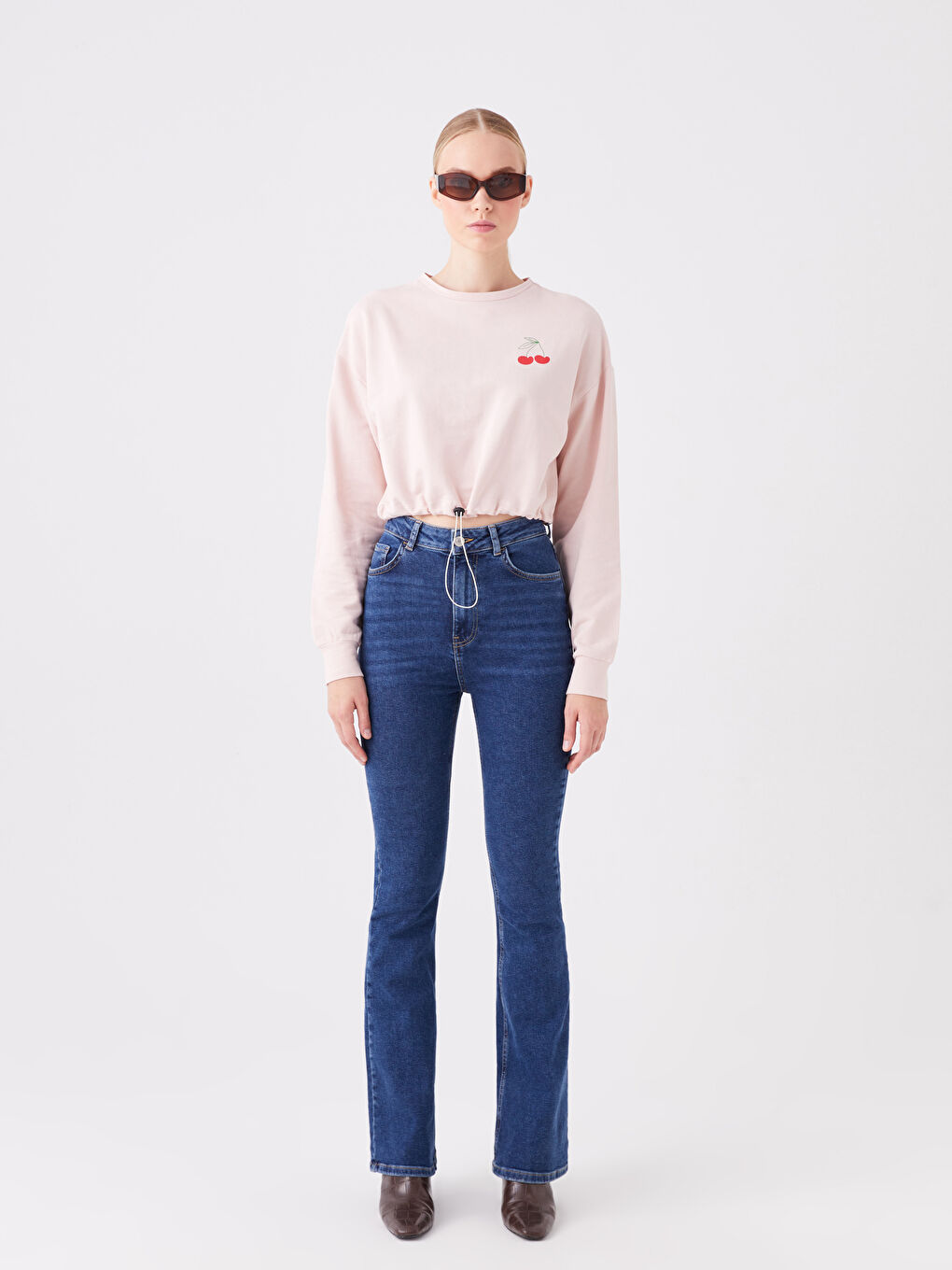 Pembe Bisiklet Yaka Baskılı Uzun Kollu Crop Kadın Sweatshirt-2