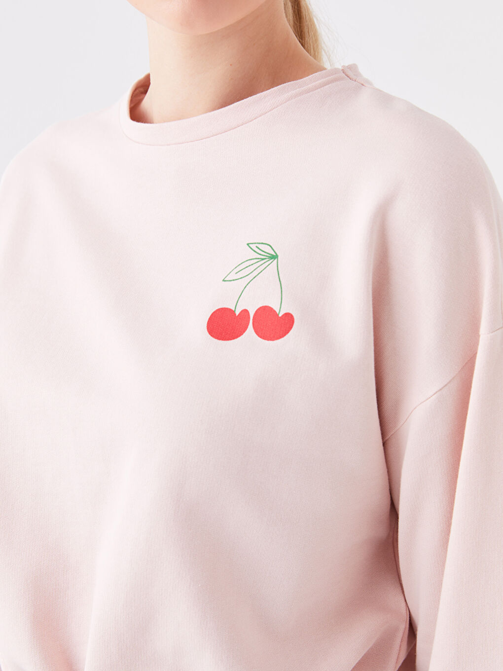 Pembe Bisiklet Yaka Baskılı Uzun Kollu Crop Kadın Sweatshirt-3
