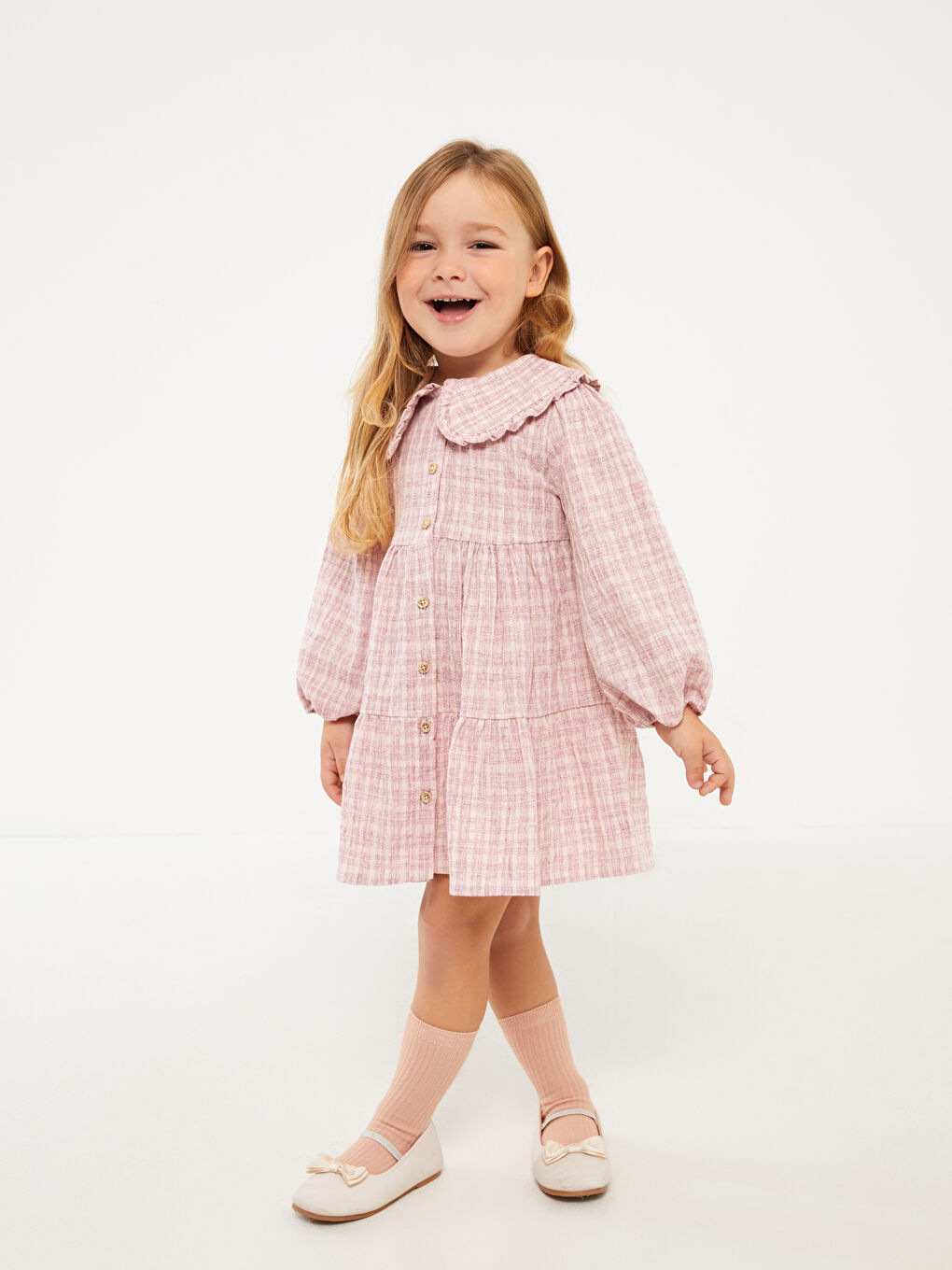 Pembe Bebe Yaka Uzun Kollu Kız Bebek Elbise