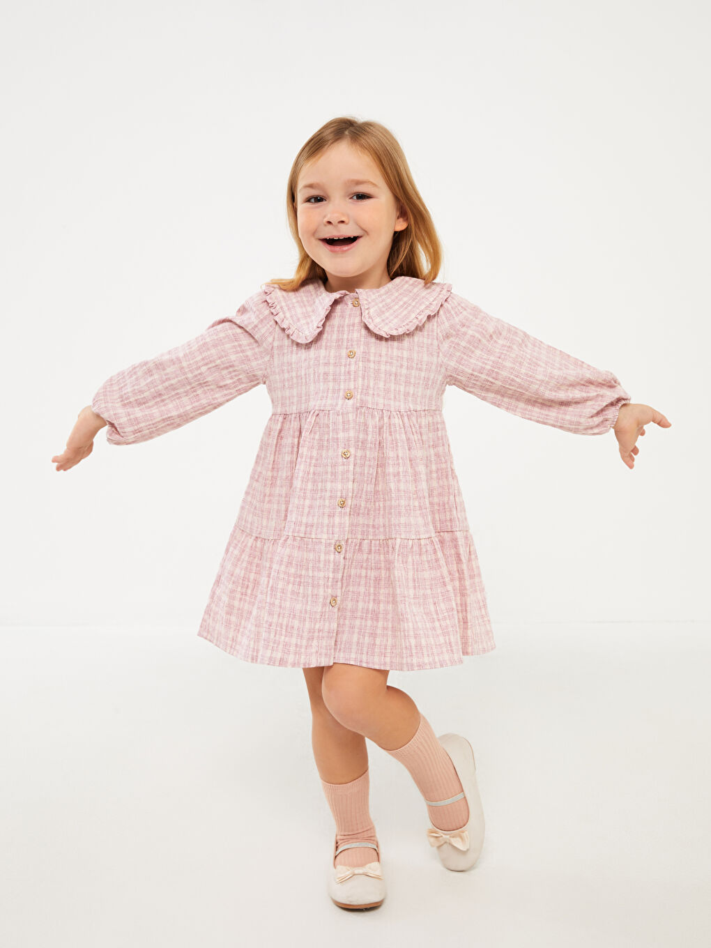 Pembe Bebe Yaka Uzun Kollu Kız Bebek Elbise-1