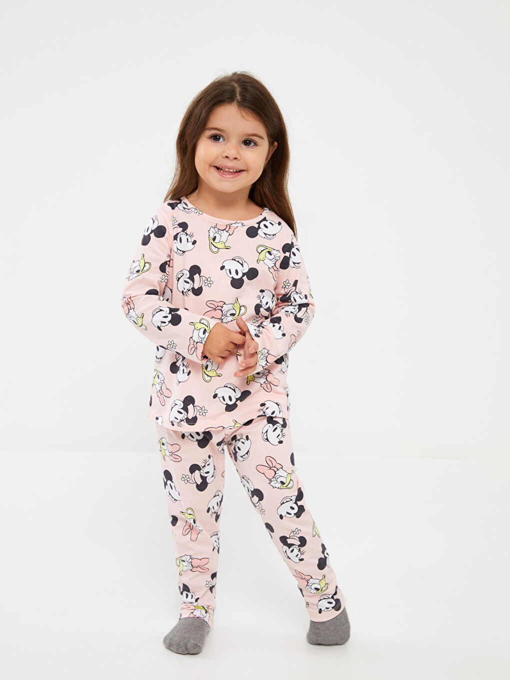 Pembe Bisiklet Yaka Minnie Mouse Baskılı Kız Bebek Pijama Takımı-1