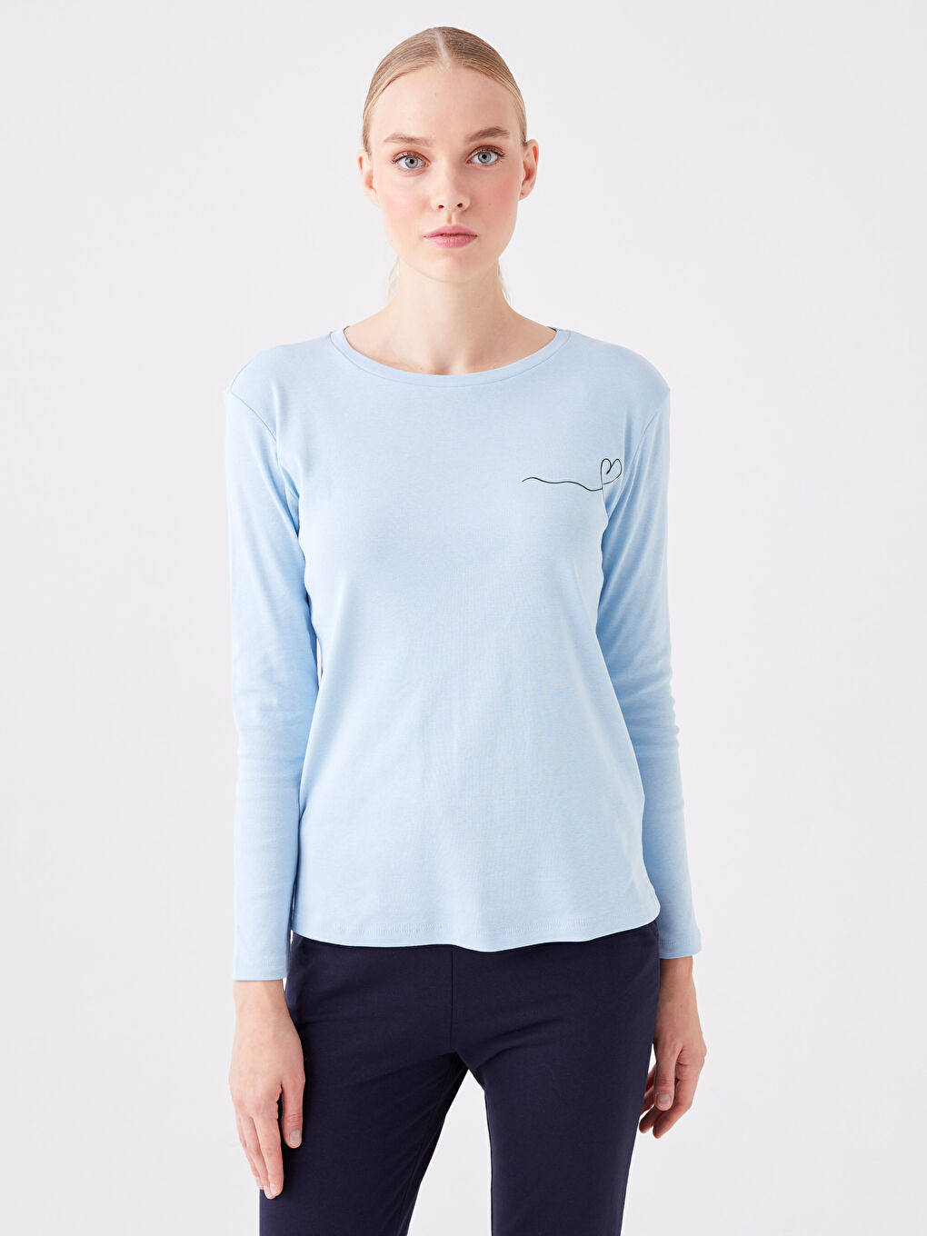 Mavi Bisiklet Yaka Baskılı Kadın Pijama Üst-1