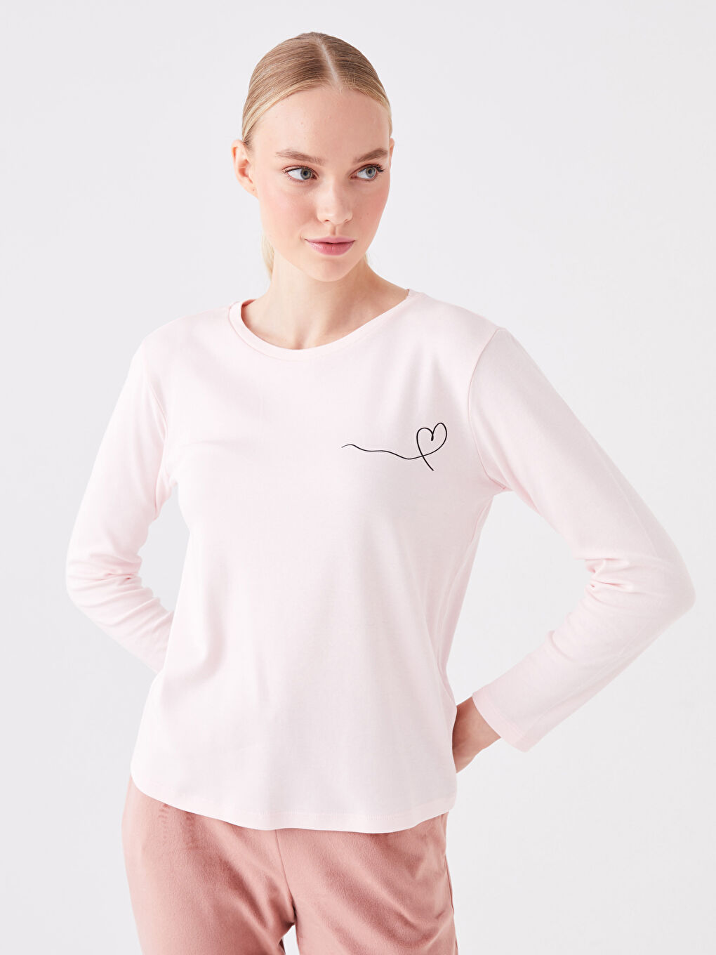 Pembe Bisiklet Yaka Baskılı Kadın Pijama Üst