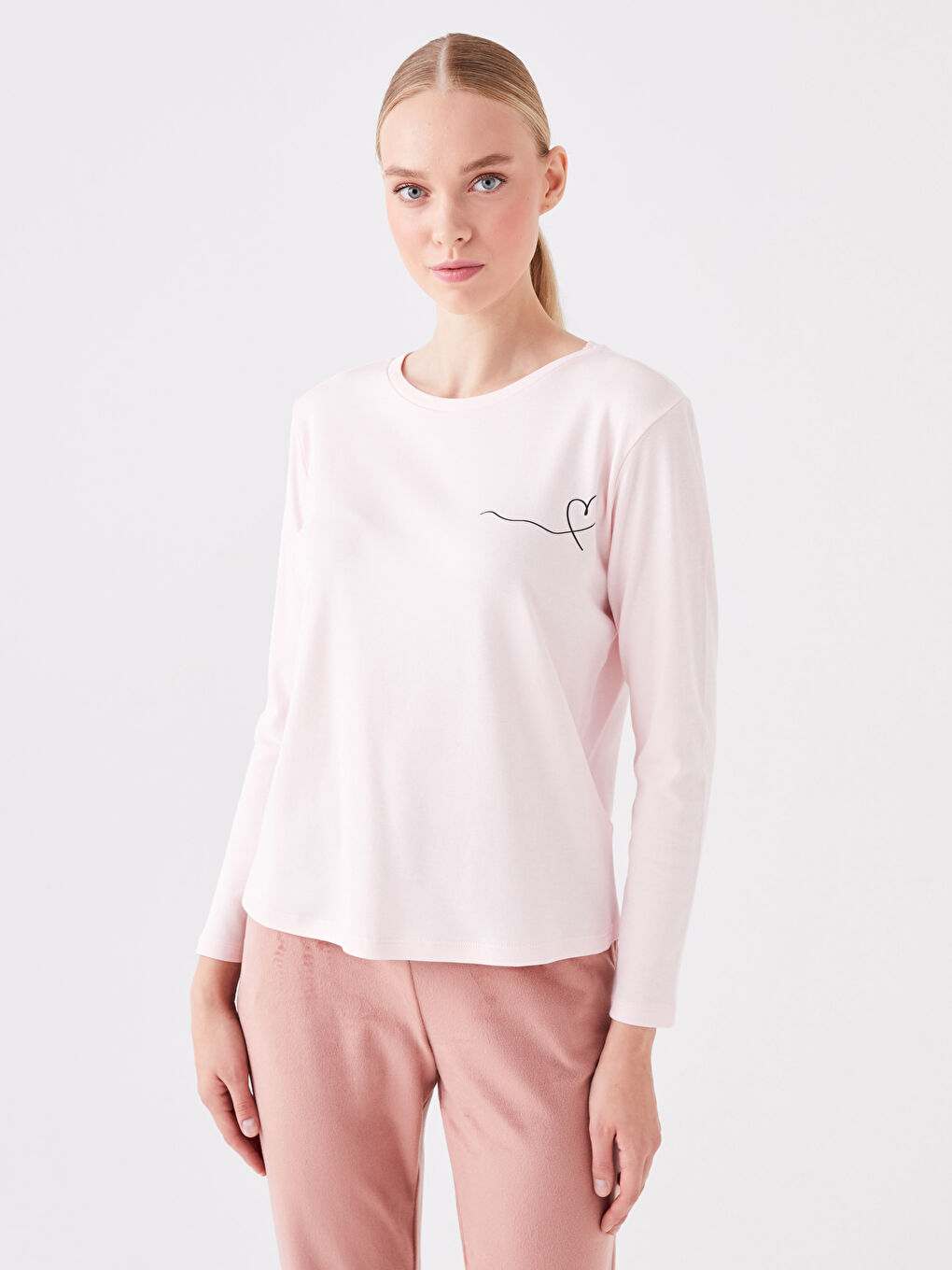 Pembe Bisiklet Yaka Baskılı Kadın Pijama Üst-1