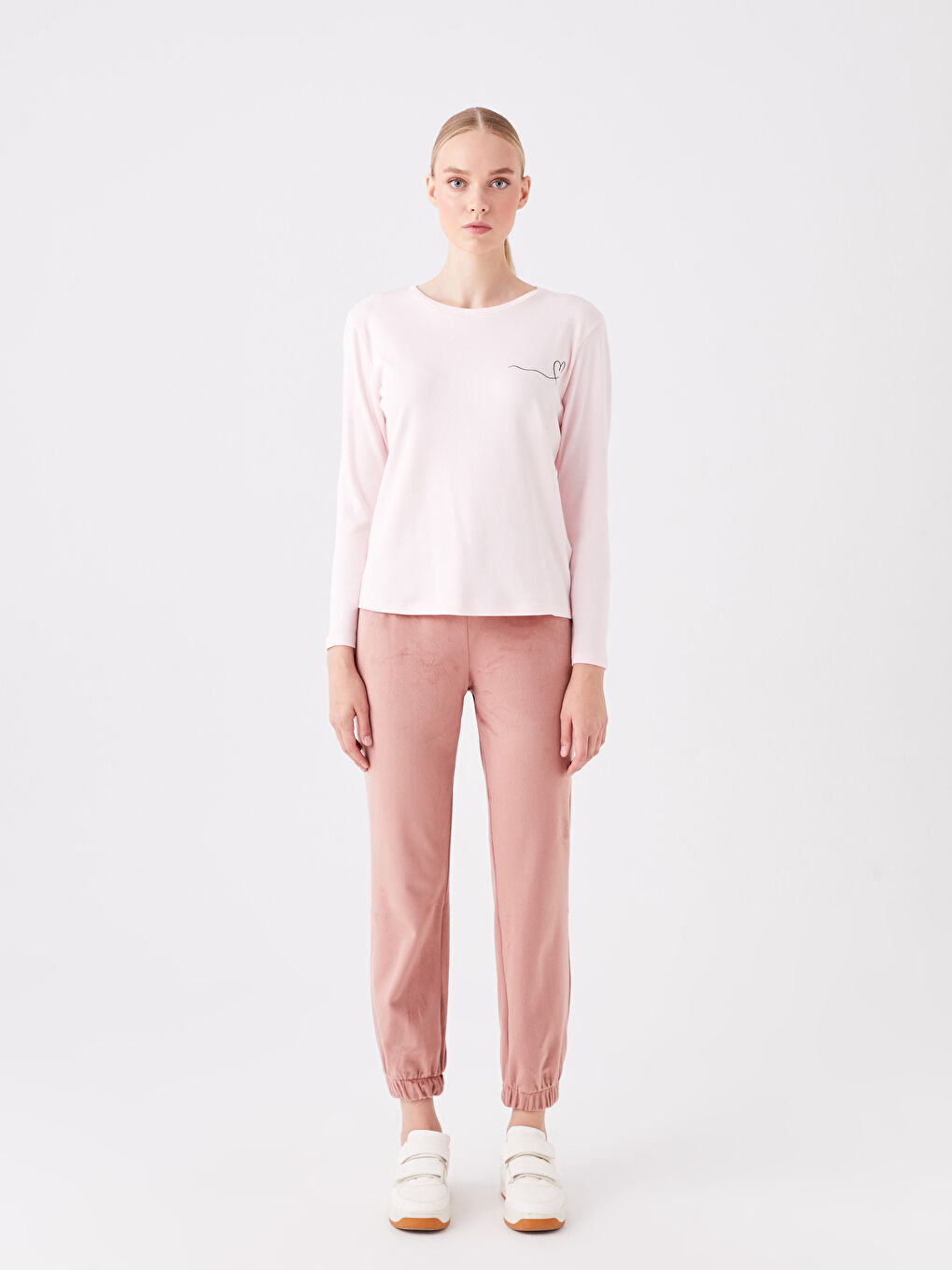 Pembe Bisiklet Yaka Baskılı Kadın Pijama Üst-2