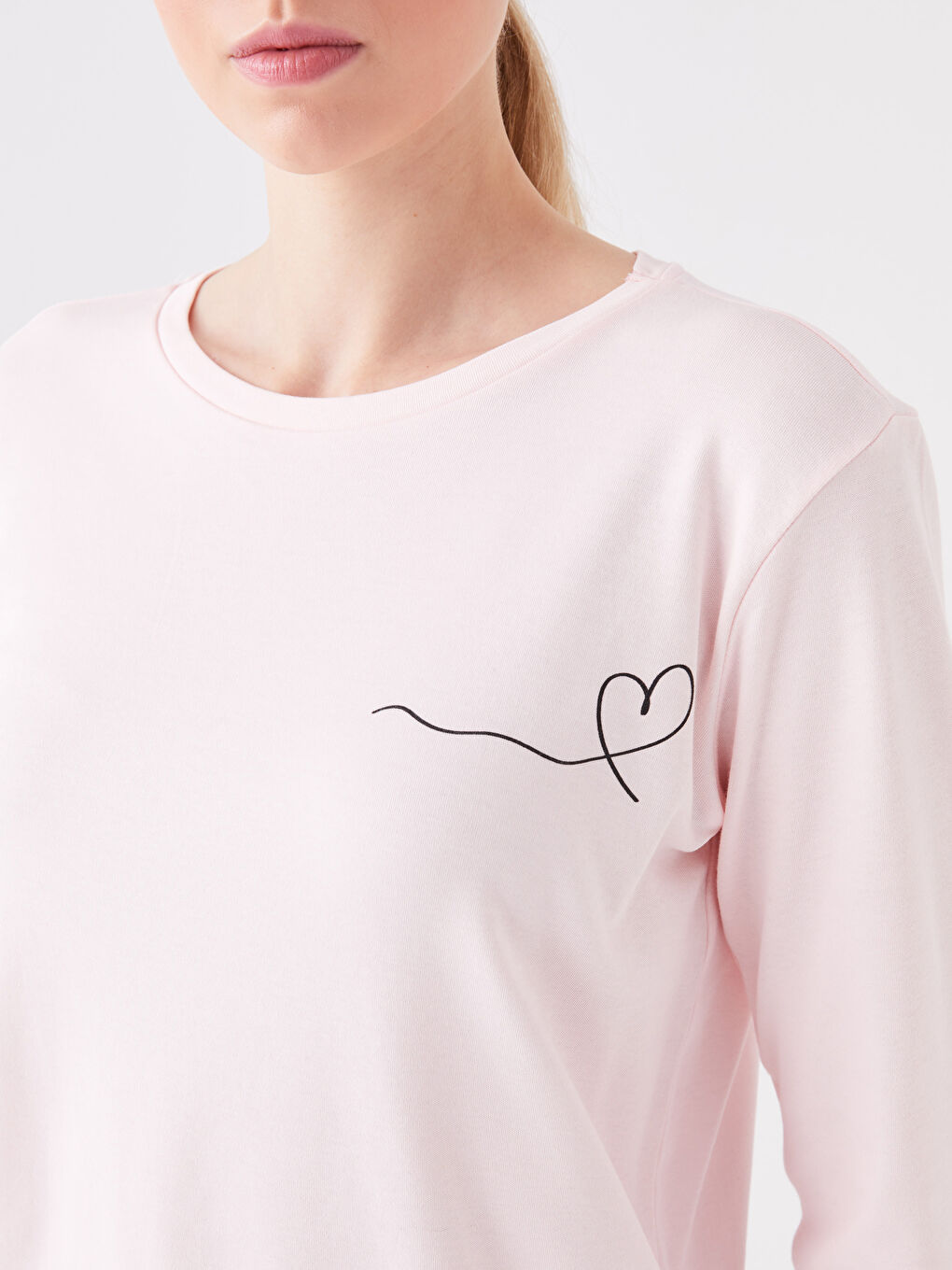 Pembe Bisiklet Yaka Baskılı Kadın Pijama Üst-3