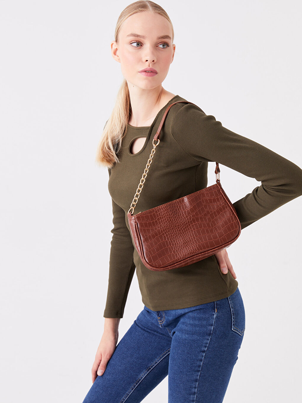 Kahverengi Deri Görünümlü Kadın Kol Çantası