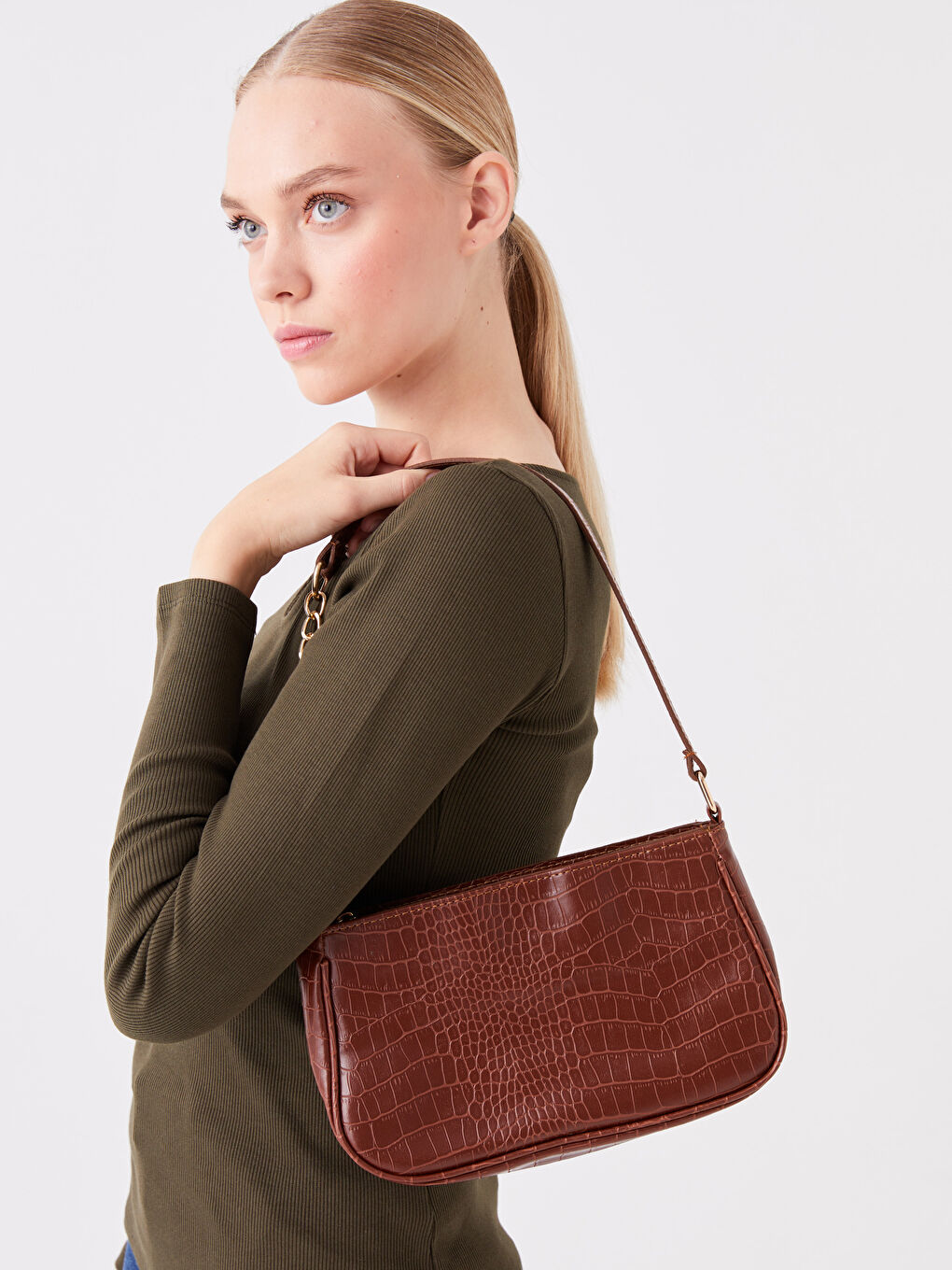 Kahverengi Deri Görünümlü Kadın Kol Çantası-2