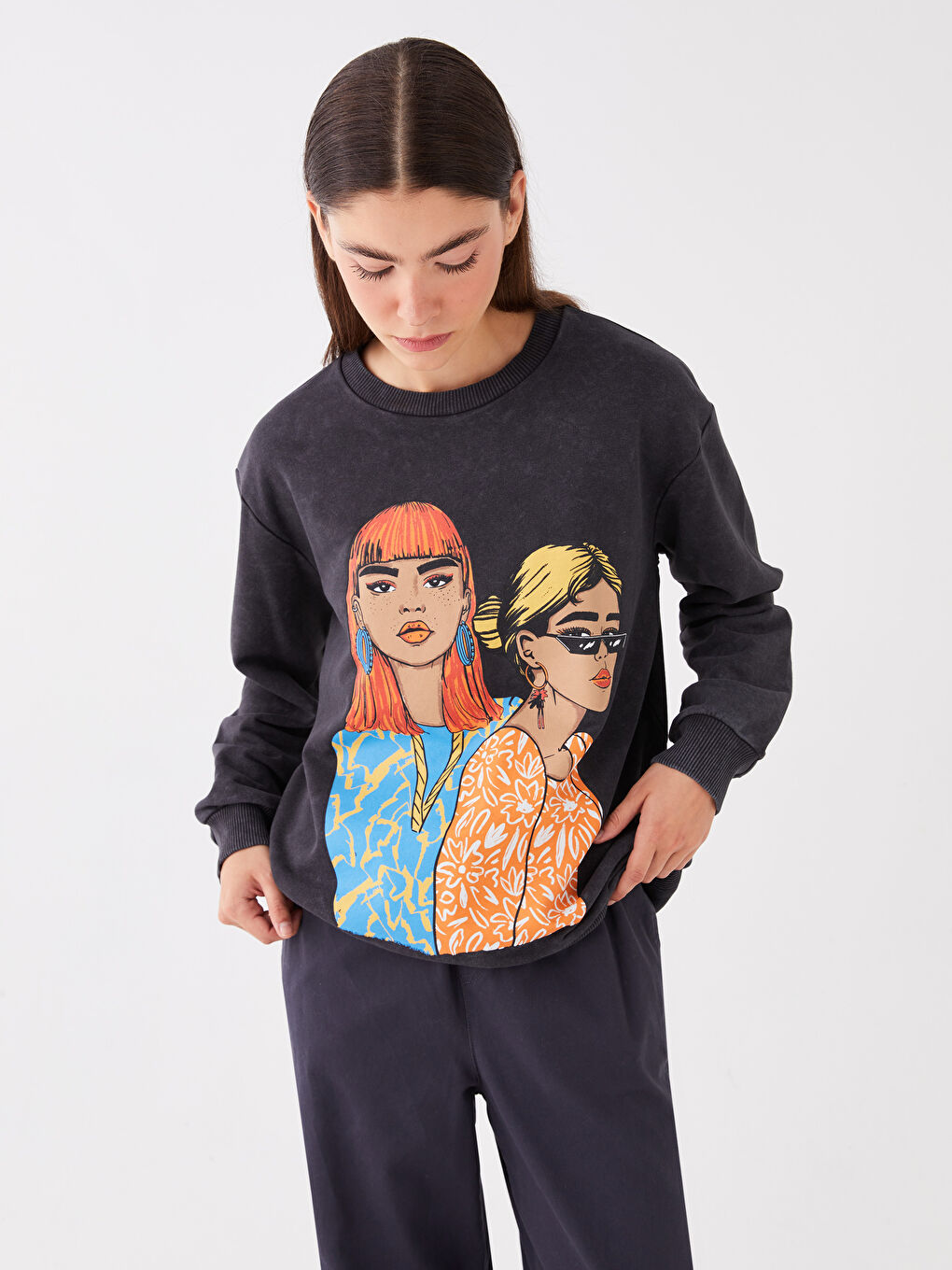 XSIDE Antrasit Bisiklet Yaka Baskılı Uzun Kollu Oversize Kadın Sweatshirt