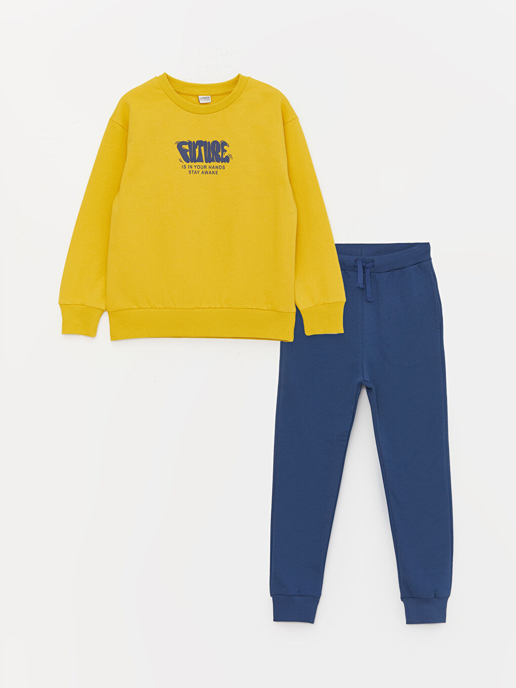 LCW Kids Orta Sarı Bisiklet Yaka Baskılı Uzun Kollu Erkek Çocuk Sweatshirt ve Eşofman Altı