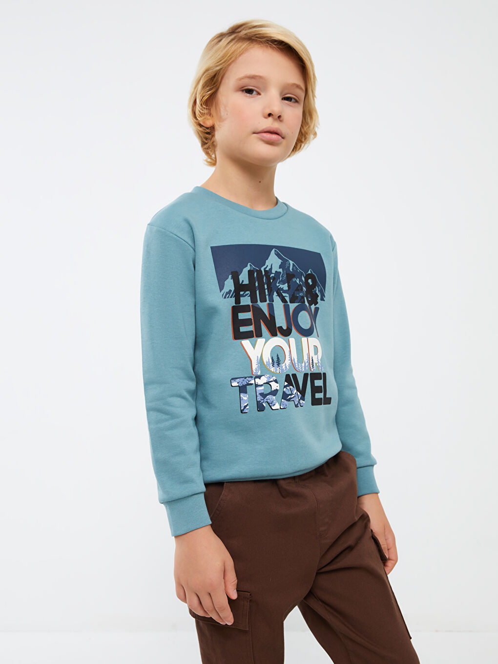 LCW Kids Mat Yeşil Bisiklet Yaka Baskılı Uzun Kollu Erkek Çocuk Sweatshirt - 1