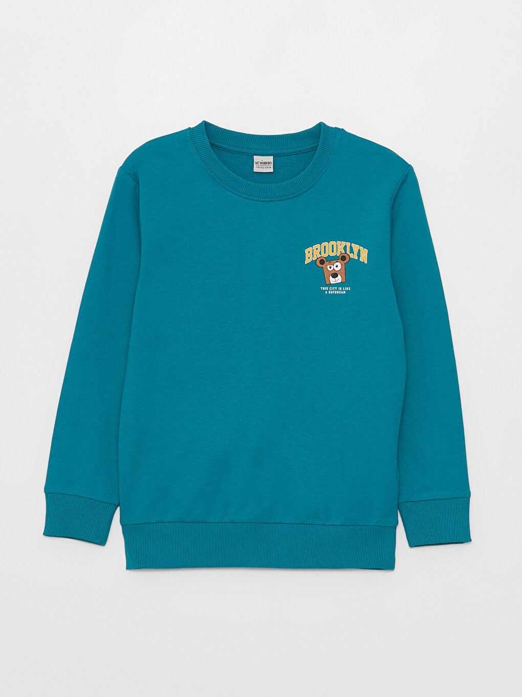 LCW Kids Koyu Suyeşili Bisiklet Yaka Baskılı Uzun Kollu Erkek Çocuk Sweatshirt