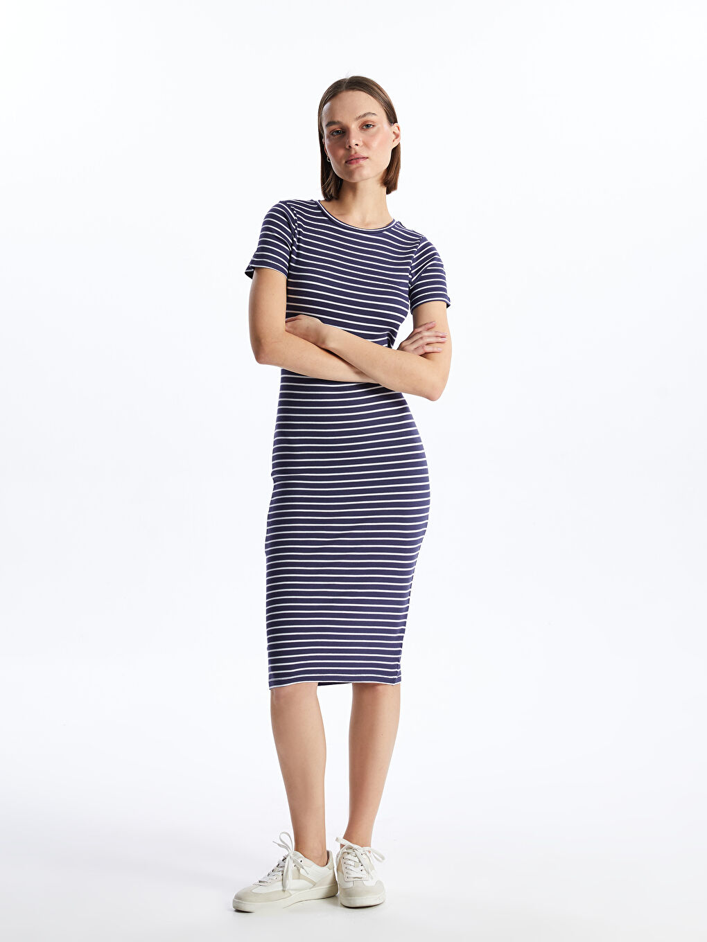Crew Neck Striped Short Sleeve Women's Dress-1
