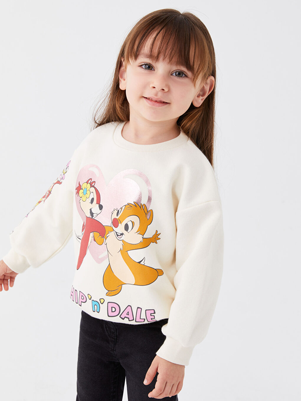 LCW baby Ekru Bisiklet Yaka Chip'n Dale Baskılı Uzun Kollu Kız Bebek Sweatshirt - 1