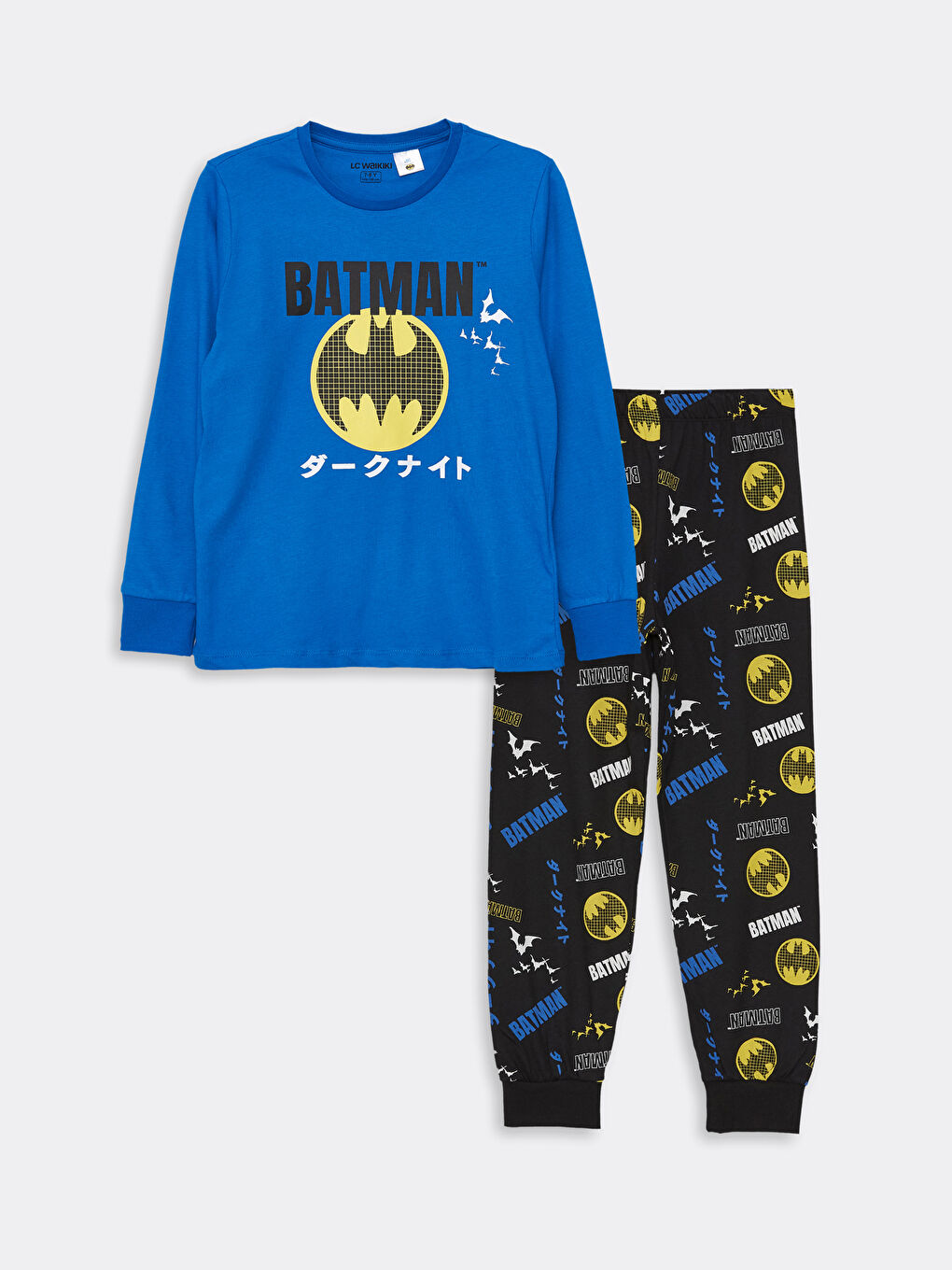 LCW Kids Koyu Mavi Bisiklet Yaka Batman Baskılı Uzun Kollu Erkek Çocuk Pijama Takımı