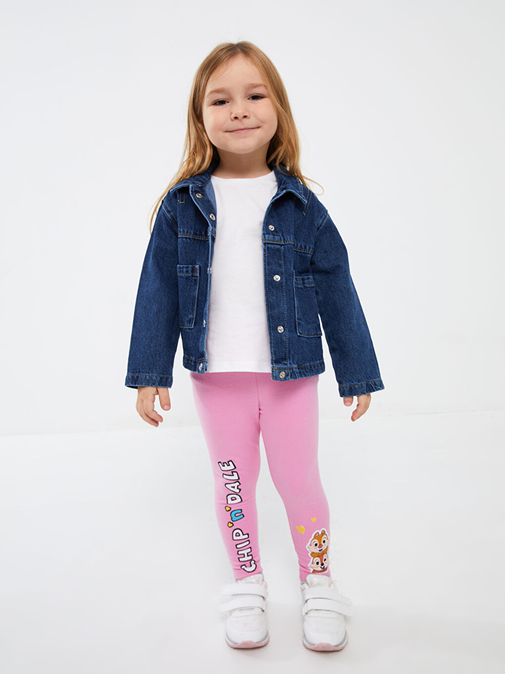 Pembe Beli Lastikli Chip'n Dale Baskılı Uzun  Kız Bebek Tayt-1