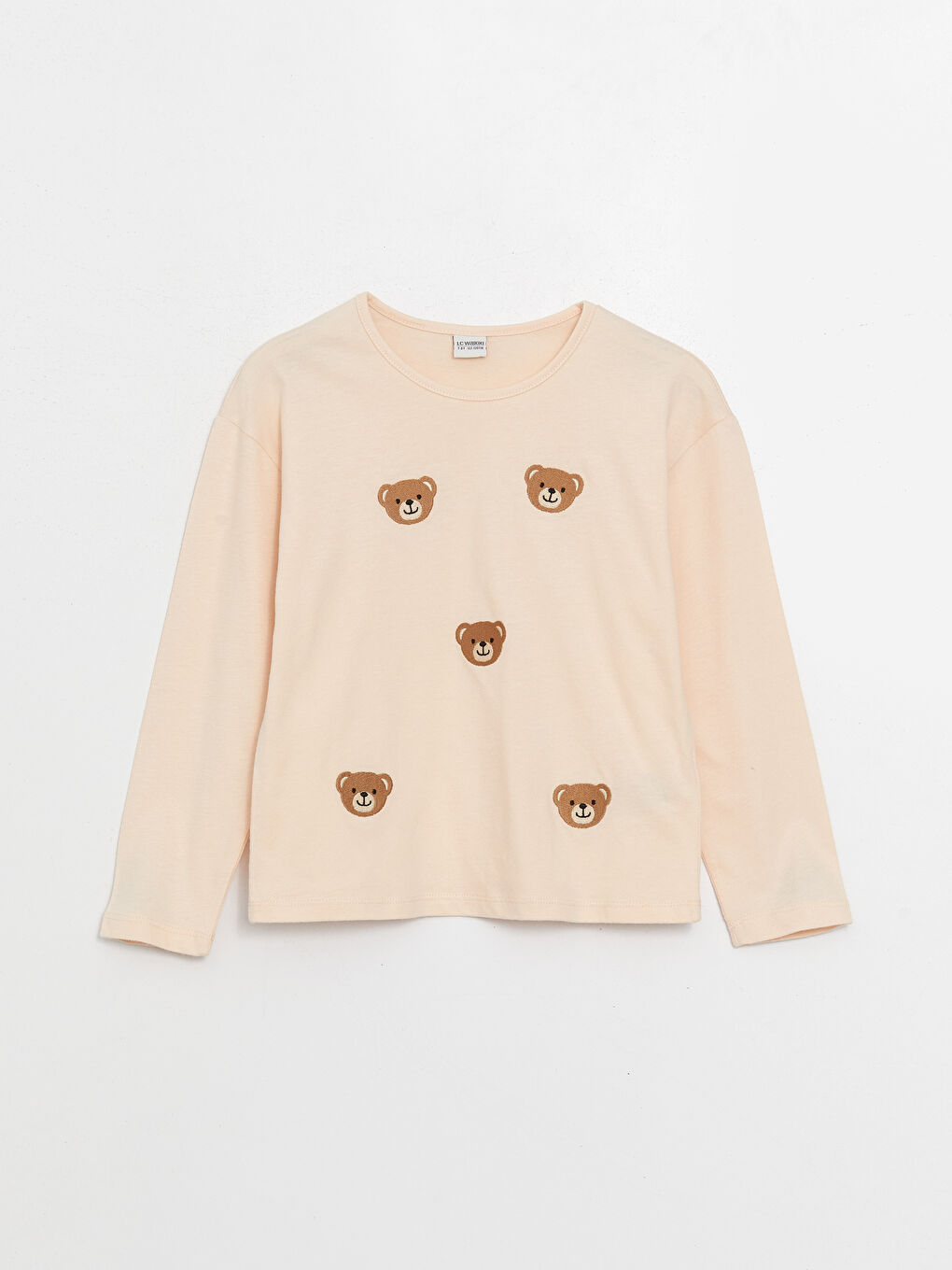 Pembe Bisiklet Yaka Nakışlı Uzun Kollu Kız Çocuk Tişört