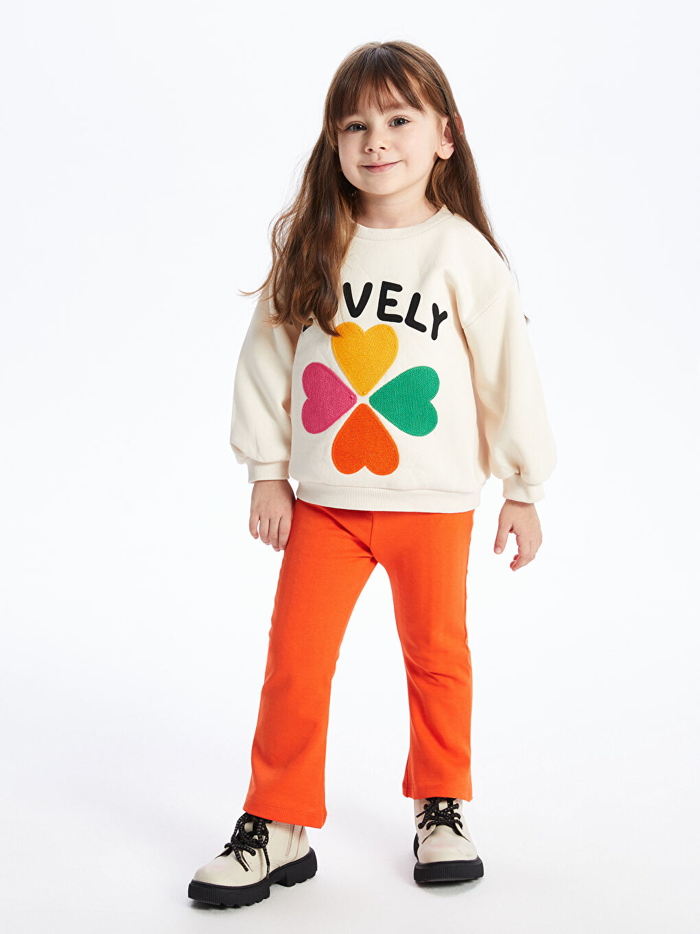 Ekru Bisiklet Yaka Uzun Kollu Baskılı Kız Bebek Sweatshirt-1