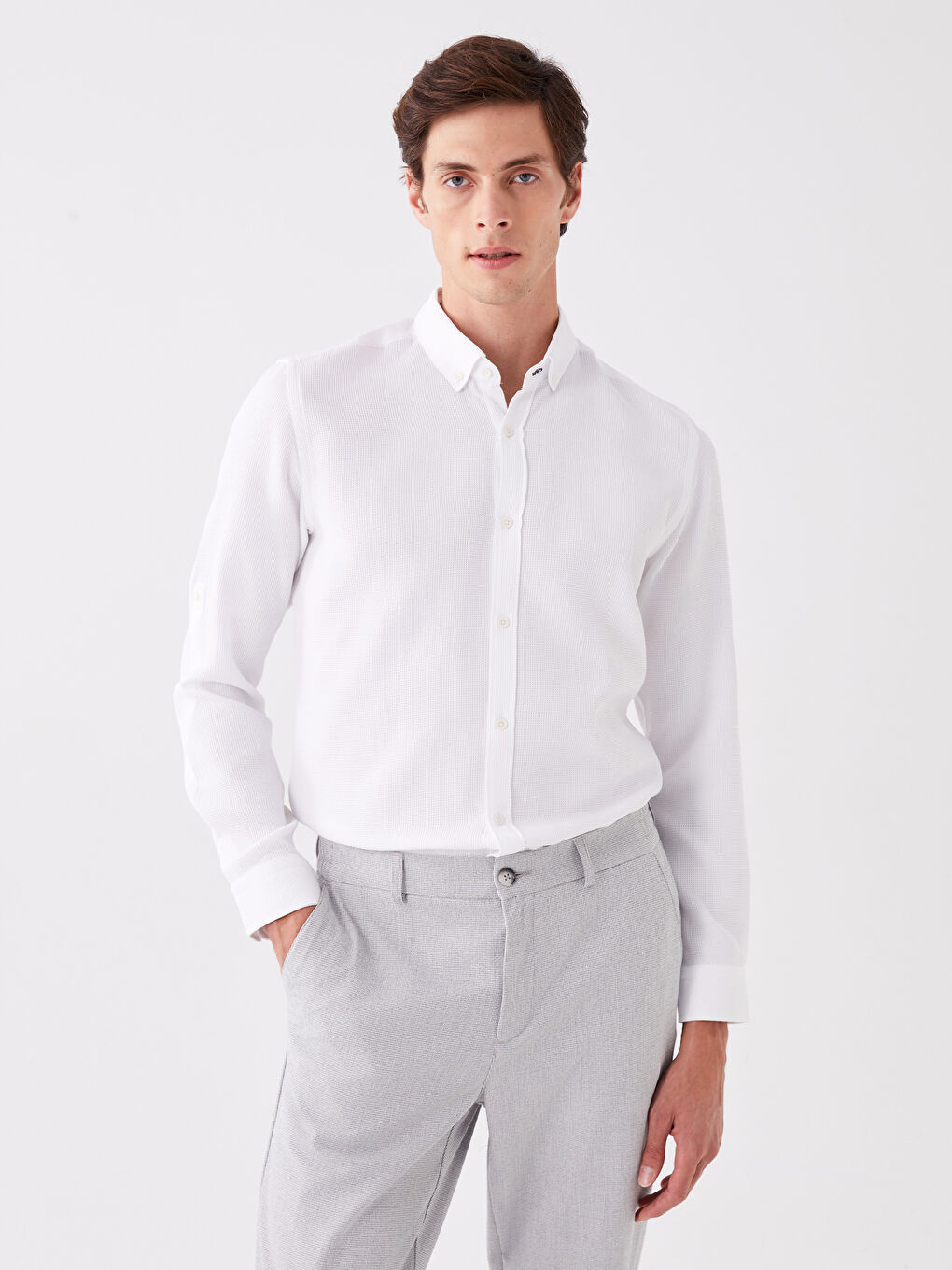 Beyaz Slim Fit Uzun Kollu Armürlü Erkek Gömlek