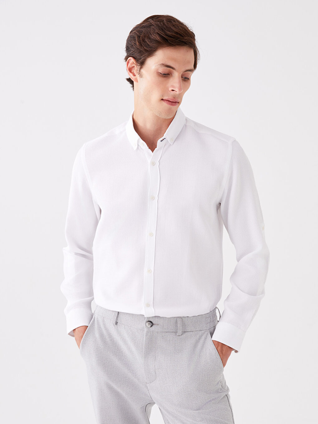 Beyaz Slim Fit Uzun Kollu Armürlü Erkek Gömlek-1